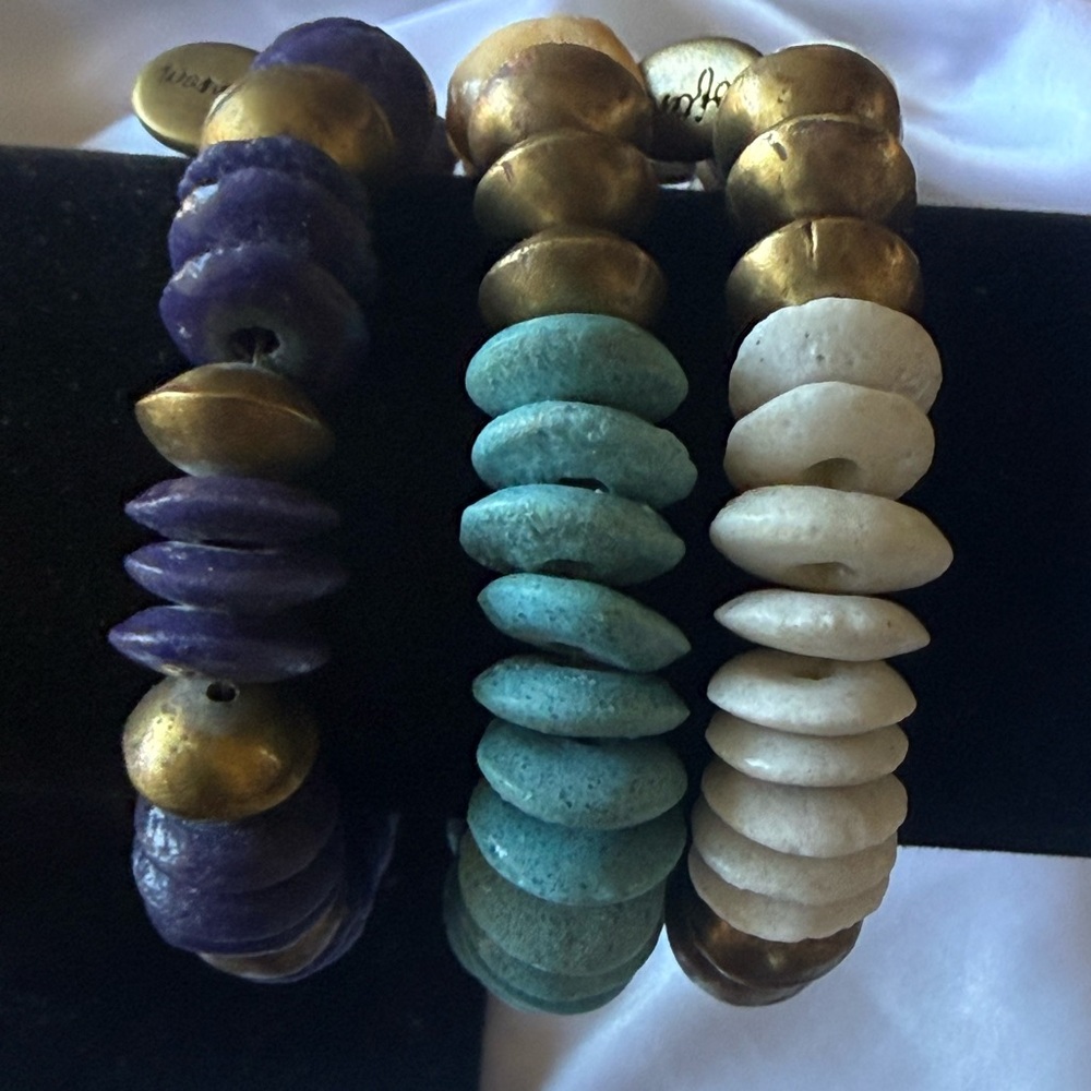 Often Wander Disc Bead Brass Stretch Bracelet Stack Set Lot 3 Boho